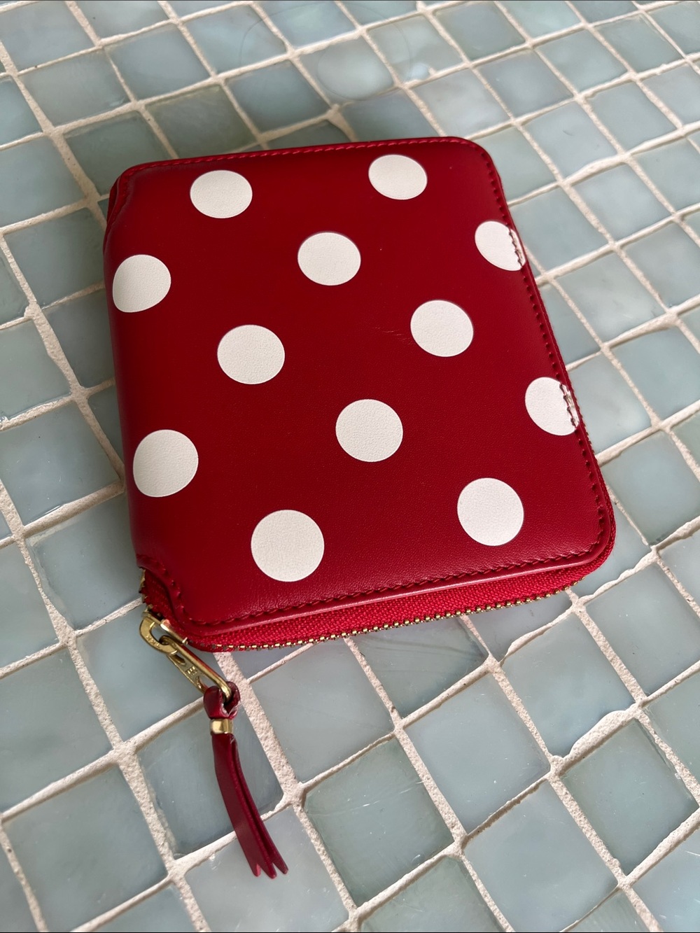 Comme des Garçons CDG Red Polka Dot Compact Zip Wallet - White Dot Accent